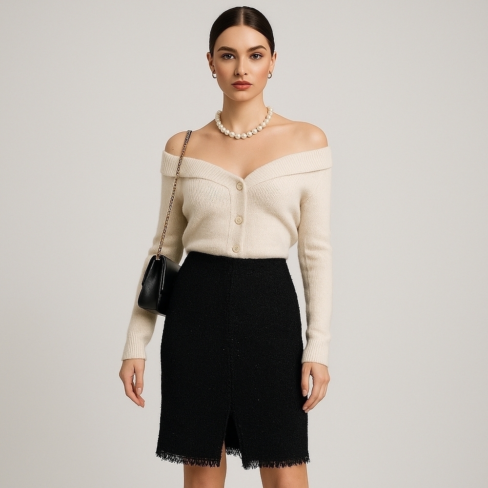 Giambattista Valli Black Tweed Fringe Hem Skirt EU 44 / US 8